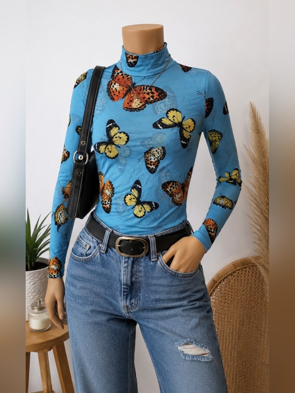 Love Fire Y2K Butterfly Mesh Turtleneck Top XL Edgy Grunge Festival